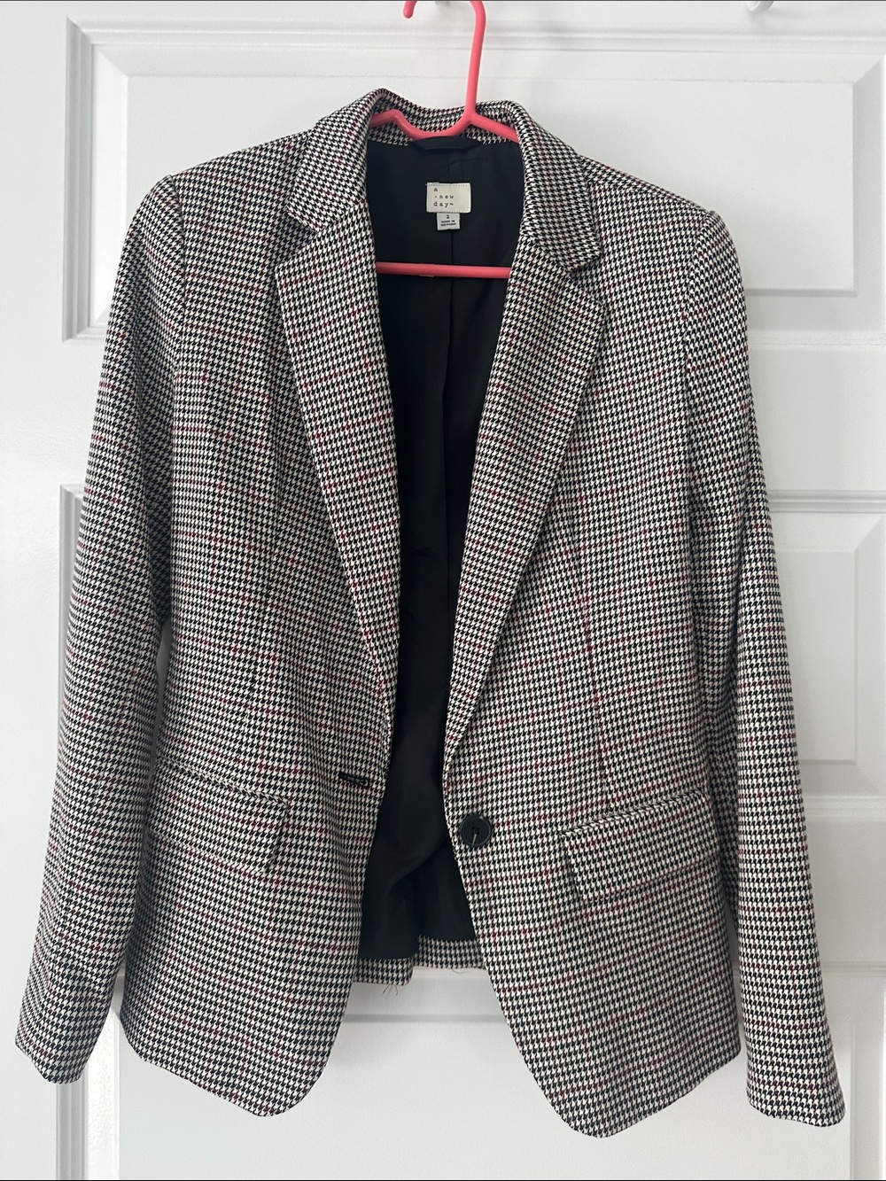 a new day Black & White Houndstooth Blazer with Red Windowpane